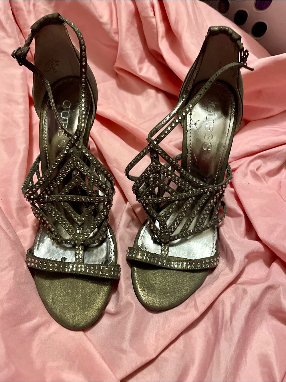 GUESS Metallic Bronze-Toned Crystal Strappy Heels